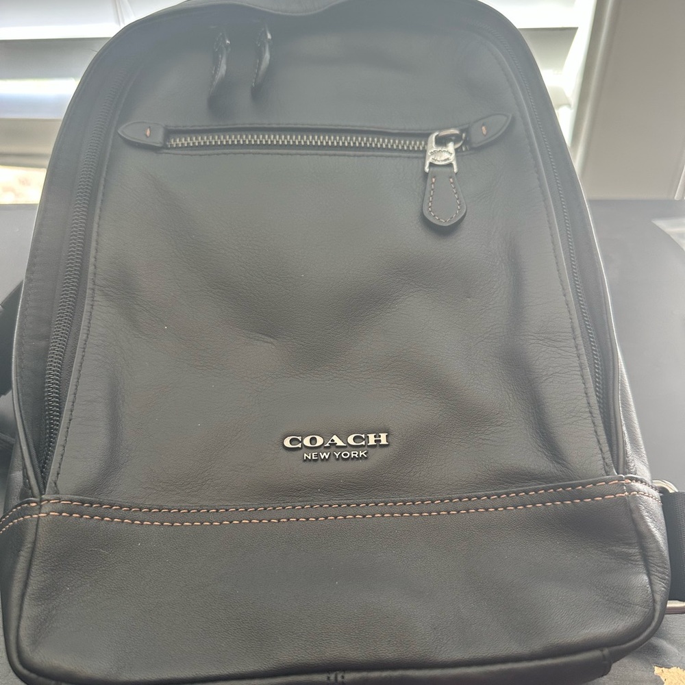 Coach Black Leather Men's Backpack with Front Zip Pocket